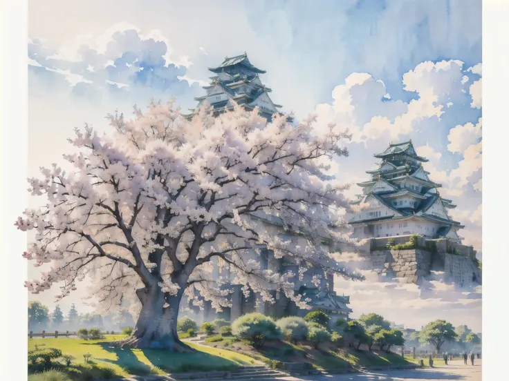 (masterpiece),(Highest quality:1.2),(Very detailed:1.2),(High resolution),(((watercolor))),8K,wallpaper,Osaka Castle,((spring)),(osakajou, cloud, tree, sky, outdoors, scenery, architecture, day, building, cloudy sky, road, blue sky, real world location)