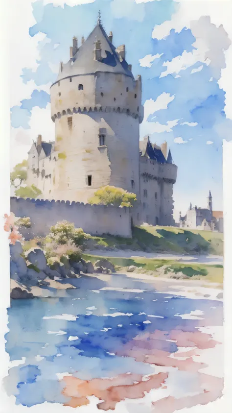 (masterpiece),(highest quality:1.2),(very detailed:1.2),(high resolution),(((watercolor))),8k,wallpaper,city,(((breizhcastle)))