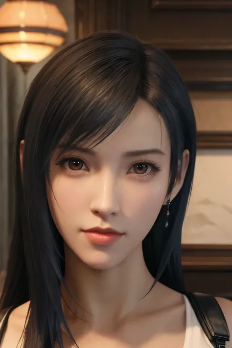 (tifa_lockhart), a stunningly beautiful korean girl, close-up portrait, symmetrical and feminine face, piercing eyes, delicate lips, flawless skin, porcelain complexion, elegant beauty, high-quality, hyperrealistic, 8k, photorealistic, cinematic lighting, ...