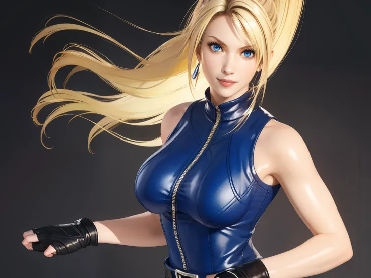 Sarah, blue eyes, very long hair, (shiny skin:1.2), (skinny girl:1.5), (blonde hair:1.2), high ponytail, (detailed hair streaks:1.3), (free flowing hair streaks:1.3), floating hair, bodysuit, Shoulders exposed, (arms exposed:1.3), (medium breasts:1.3), (pu...