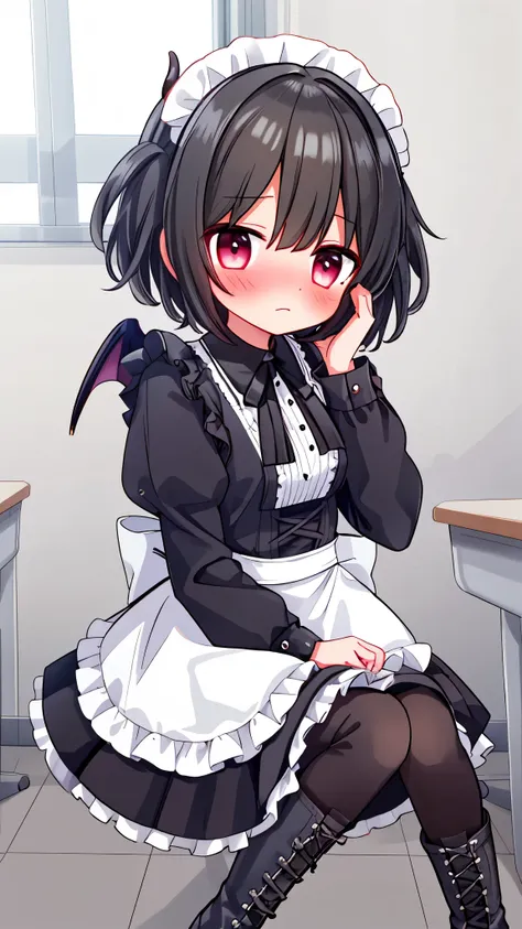 girl，Black short hair，maid outfit，Black lace-up boots，White pantyhose，Blushing shy，Classroom scene，demon