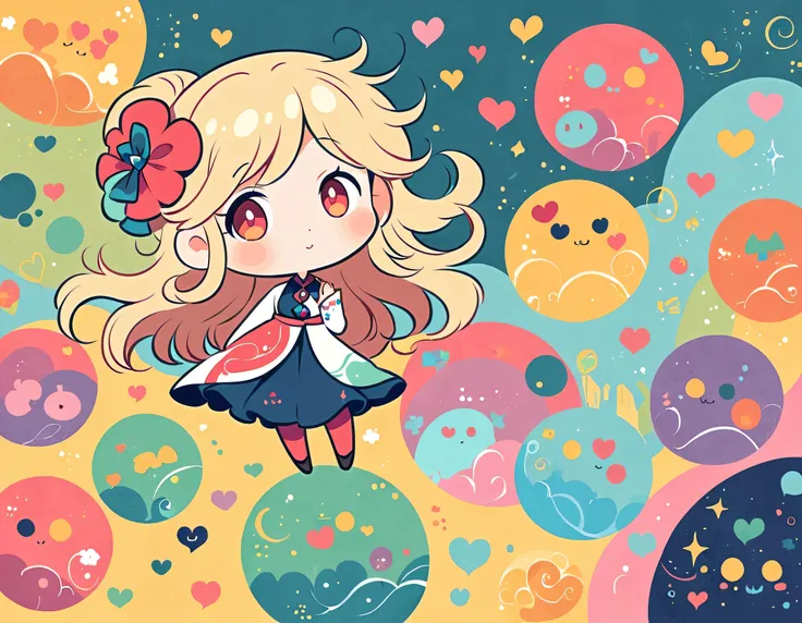 Momoko style, Simple Line Initialism，Abstract art，Urban Background, colorful hearts ,(((The most beautiful girl of all time))), (((chibi))), (((Cute amoeba)))