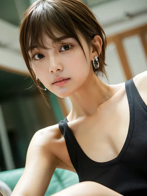 Look into the eyes,　Eye contact,　Front of face,　face,　Cross-legged,　indoor,　Brown Hair,　bangs,　Tank top,　Sweat,　clavicle,　shoulder,　Cross-legged,　chest,　Earrings,　Skin Moisture,　The gaze looking down on me,　Look at me,　Masturbation Hall