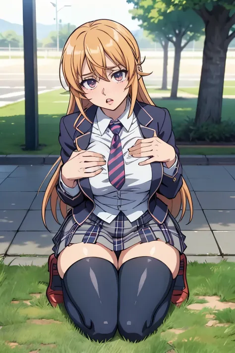 1girl,  nakiri erina, kneeling, thighhighs, navy thighhighs, jacket, plaid skirt, hands on breasts, outdoors, anime_screencap_erina