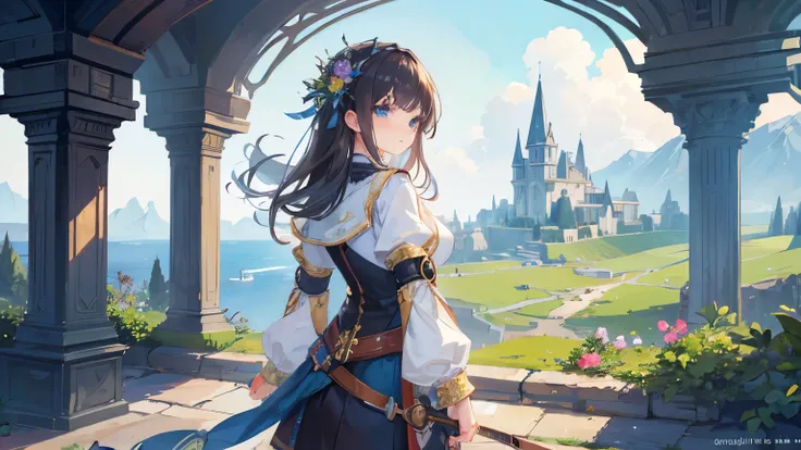 ((Highest quality)), ((masterpiece)), (detailed),Fantasy Adventure Landscape,beautiful girl