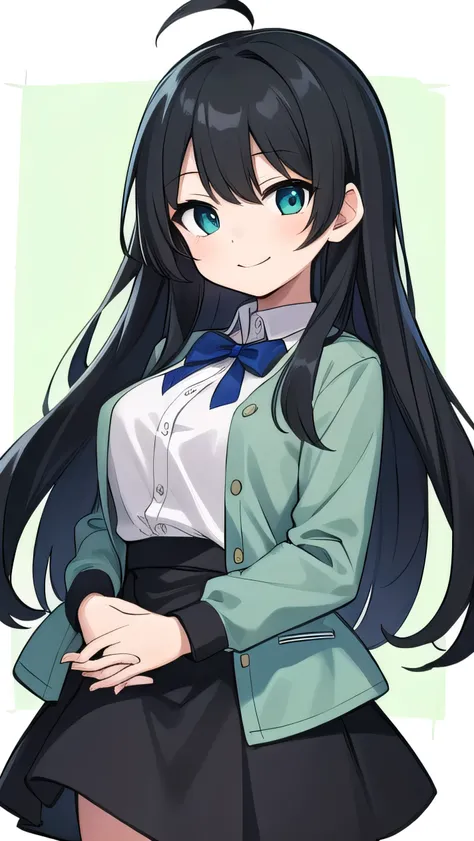 Junior high school student who looks like an elementary school student, 14 years old, very short, 140 cm tall, black hair with a slight green tinge, short ahoge, beautiful long hair but with a little hair sticking out, beautiful round eyes, blue eyes, smil...