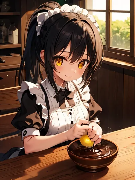 masterpiece, best quality, extremely detailed, anime, Girl, black hair, ponytail, smile,maid outfit, table, cocoa, (she squeezing lemon), juice poured into cocoa,