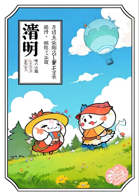 There are two cartoon characters on the grass, color page, poster ; summer, poster illustration, Ghost Festival, poster, a poster, Art cover, Broad View, Hand drawn cartoon art style, illustrated poster, promotional poster, Comic Cover, Childrens book cove...