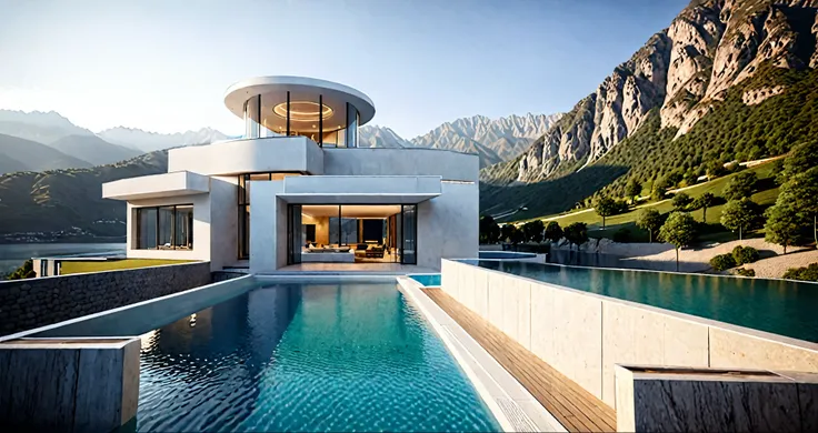 a home with a sense of futuristic technology，3-storey building，set against the mountains，facing the lake，huge swimming pool，mode...