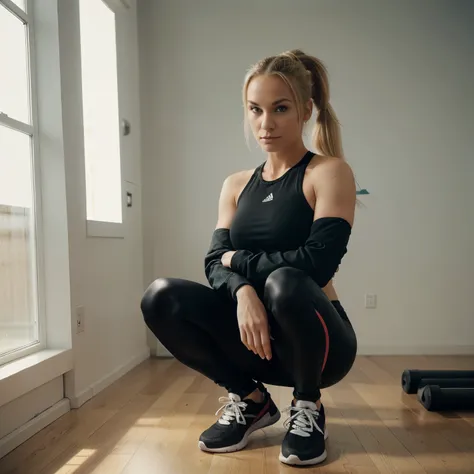 a beautiful blonde woman wearing tight gym clothes and black trainers with her hair in a ponytail