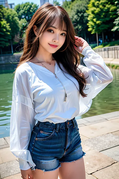 seed;88117315,((Full Body Angle))、Front hair:1.3))、((Highest quality, 8K, masterpiece: 1.3)), concentrated: 1.2, Cute girl 1,Nipples erect、 Perfect beauty: 1.4,Cut and sewn T-shirt Raglan sleeve summer short sleeve T-shirt.Shorts: 1.2,Long sleeve、Randall C...