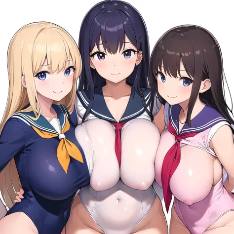 Super detailed、huge breast、,smile,three woman side by side、bare breast,Sailor suit pattern leotard