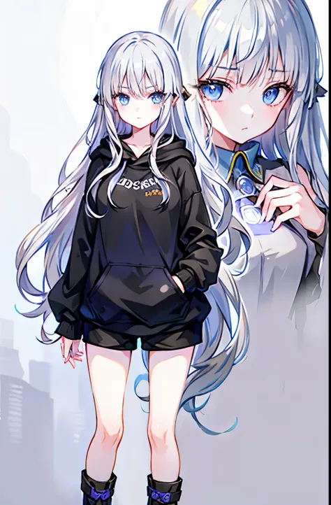 long hair，long, blue-gray hair，two moles under the eyes，beautiful blue eyes，detailed eyes，detailed face，large breasts，black hood...