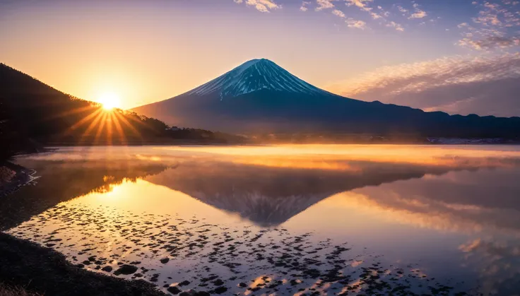 The first sunrise from the foot of Mt. Fuji, realistic, photograph,