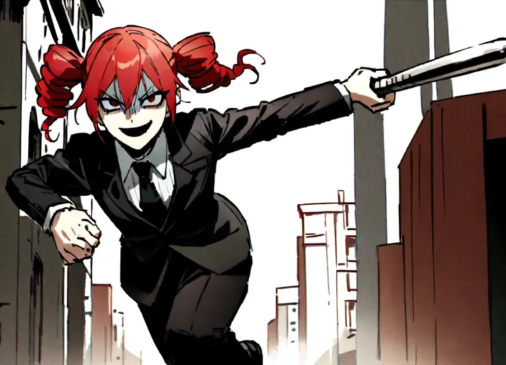 Red hair、Black suit、Black slacks、Wearing leather shoes、swinging a silver metal baseball bat、Scary smile、In town、Daytime