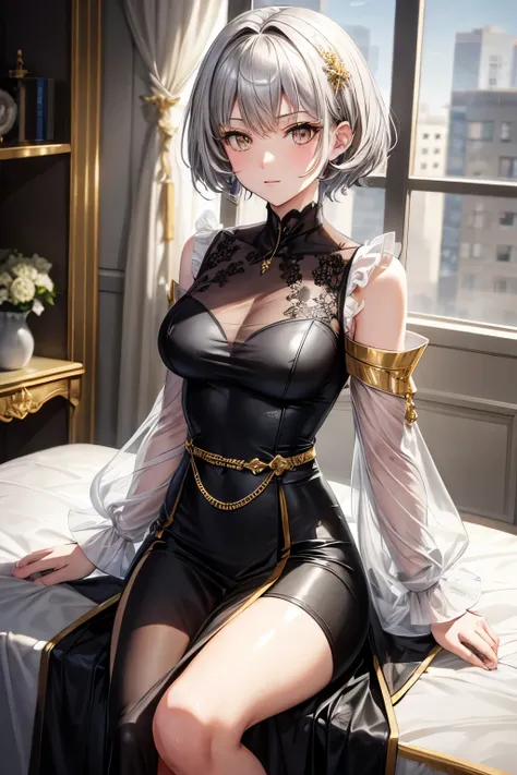 gray short hair，Golden Eyes，Royal sister，modern clothing