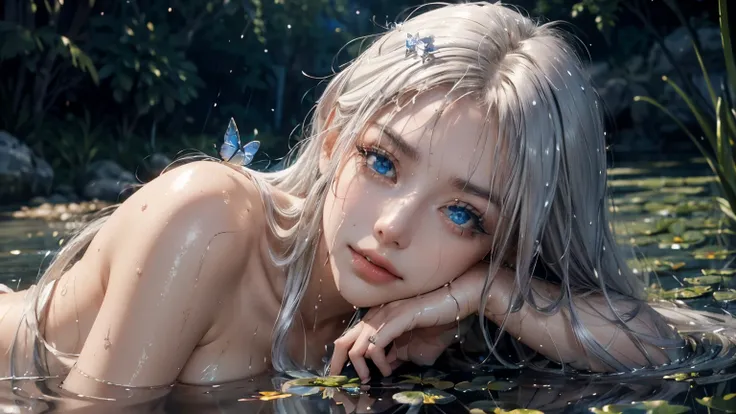 landscape of an woman, landscape of a very beautiful woman,(((extreme closeup))), Nao Tomori/(Charlotte/), anime style, (((lie sideaways)))!!, (lie sideaways on the shallow water in by the pond), looks at the camera with beautiful blue eyes, (Beautiful blu...