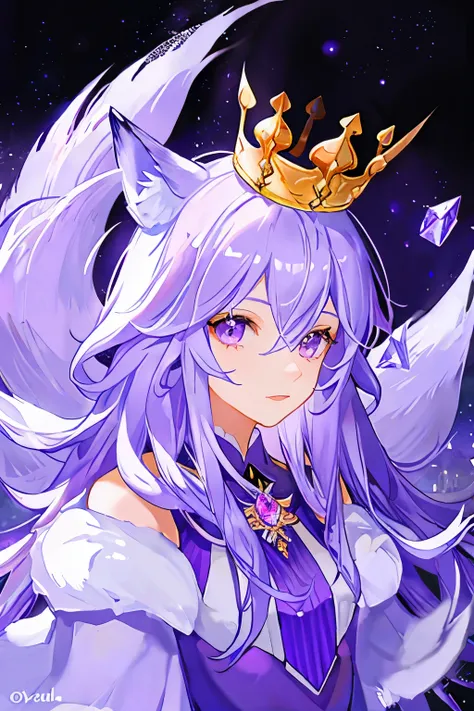 lavender and white fur fox with nine foxtails, purple eyes, and a crystal crown on its head
