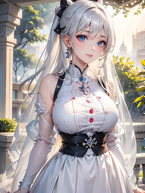 a 20 age, beautiful chubby girl, your face has strong pink makeup, wearing a white and black long and closed A-Line Dress, silver blue eyes, beautiful detailed eyes, detailed lips, suggestive pose, evil smile, very long hair, silver hair, long white ponyta...