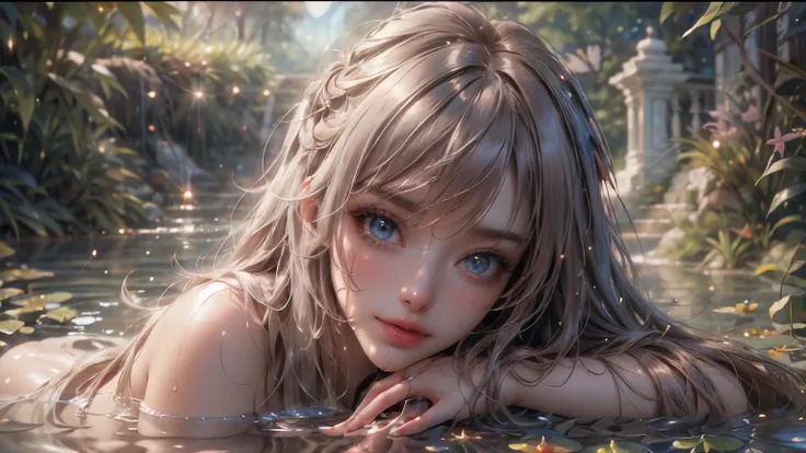 landscape of an woman, landscape of a very beautiful woman,(((cowboy shot))), Nao Tomori/(Charlotte/), anime style, (((lie sideaways)))!!, (lie sideaways on the shallow water at by the pond), looks at the camera with beautiful blue eyes, (Beautiful blue ey...