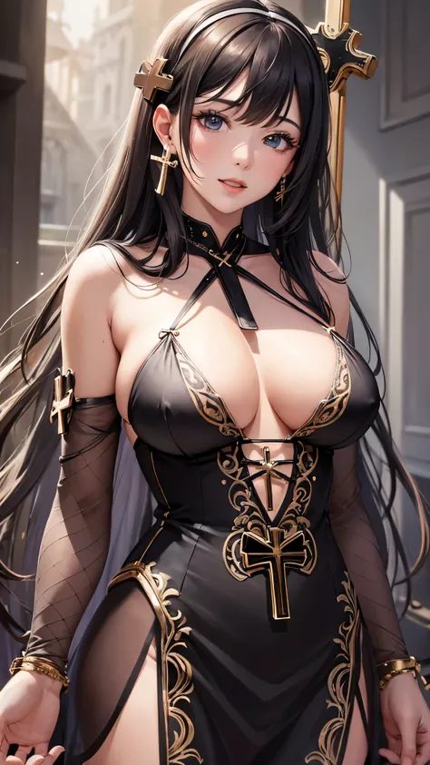 ((Highest quality)),(Ultra-high resolution),(Very detailed),(Detailed Description),((The best CG)),(A masterpiece),Ultra-detailed art,Amazing painting art,(Art with precise detail:1.5), (Woman wearing a cross halter slip dress:1.6),Beautiful and well-propo...