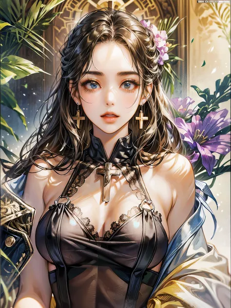 ((Highest quality)),(Ultra-high resolution),(Very detailed),(Detailed Description),((The best CG)),(A masterpiece),Ultra-detailed art,Amazing painting art,(Art with precise detail:1.5), (Woman wearing a cross halter slip dress:1.6),(Side boob:1.8),Beautifu...