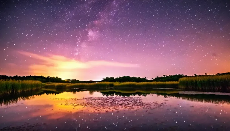 beautiful starry sky, tranquil waters, the sun is about to rise above the horizon, photograph, artistic,