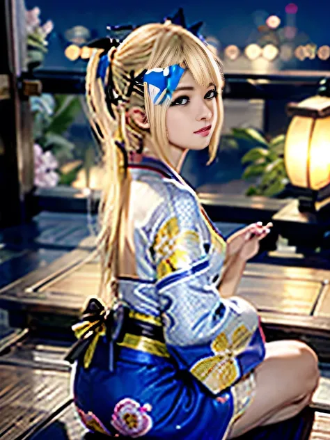 top-quality、masutepiece、8K、Angle looking at the chest from behind diagonally above the head、Marie rose,blonde hair, Very pretty girl、nape、sitting on、slouch a little、Japan Yukata|You can peek through the gaps in your clothes 、Sheer breast、Summer Festival at...