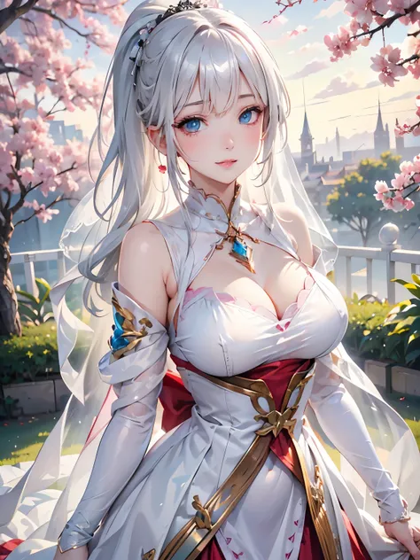 a 20 age, beautiful chubby girl, your face has strong pink makeup, wearing a white and black long and closed princess Dress, silver blue eyes, beautiful detailed eyes, detailed lips, suggestive pose, evil smile, very long hair, silver hair, long white pony...