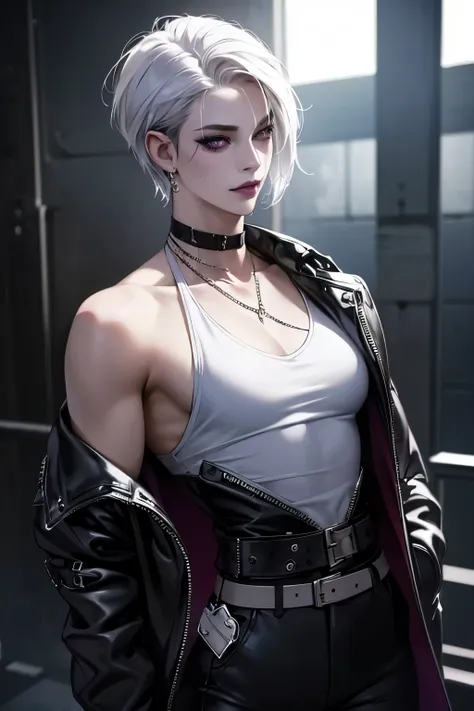 a punk girl, student, hooligan, short messy white hair, purple eyes, black punk clothes, punk, chains, black sleeveless top, bag...