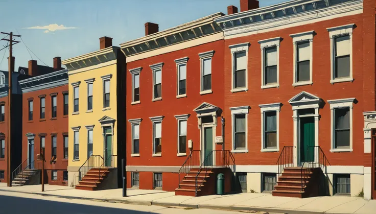 urban America with red brick ghetto homes at dusk, 1950ss, by Edward Hopper, best quality, masterpiece, very aesthetic, perfect composition, intricate details, ultra-detailed