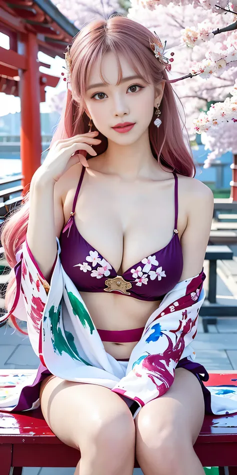 1girl, (ulzzang-6500:0.7), kpop idol, yae miko, bikini, detached sleeves, bare shoulders, pink hair, long hair, bikini, best quality, (painting:1.5), (hair ornament:1.35), jewelry, purple eyes, earrings, breasts, torii, cherry blossoms, lantern light, dept...