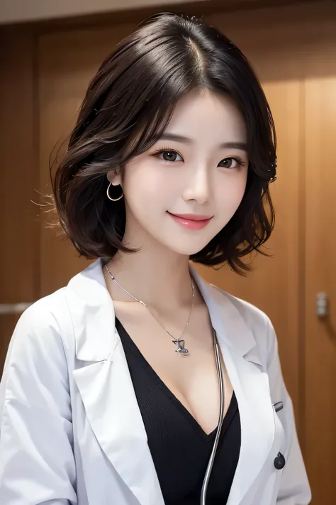 Beautiful young woman、 Korean women、Black Hair、Necklace around the neck、White、Closed Mouth Smile、Big Breasts、Doctors clothing、Stethoscope、Wavy Hair、short hair、Intricate details, Very detailed:1.2), 、 Looking into the camera,The background is the inspection...