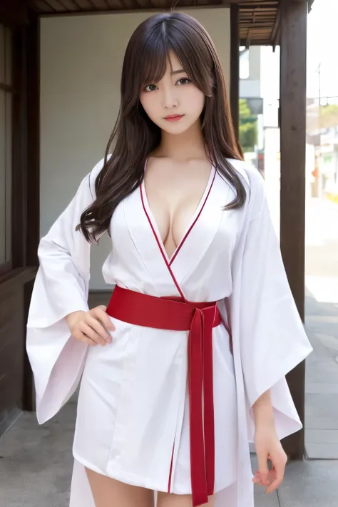 Girl in kimono standing in front of a building, wearing a simple robe, ((Red belt, Elegant white kimono)), Best Anime 32k Konachan Wallpaper, in kimono, ayaka genshin impact, Cute girl anime visuals, (((inspired by yui yuigahama))), wearing a simple robe, ...