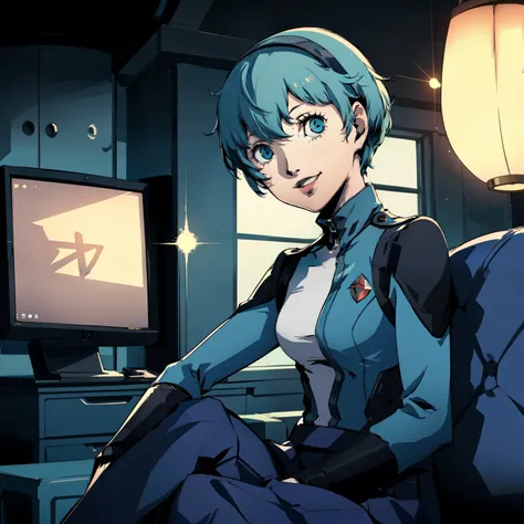 ((p3 yamagishi fuuka)),masterpiece, ((best quality)),((1 girl)), blue eyes, light aqua hair, female , tomboy pixie haircut, deep...