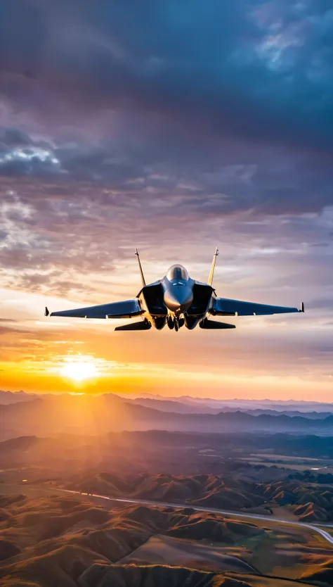 wide shot photo of modern fighter jet, raw, ((fighter jet):1.3), ((majestic decal):1.1), ((tyndall effect):1.2), ((aerial view o...