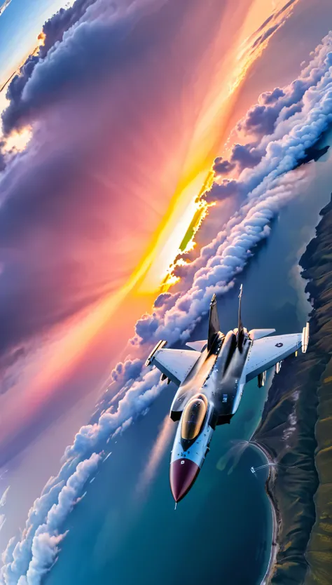 wide shot photo of Modern Fighter Jet, RAW, ((Fighter Jet):1.3), ((Majestic Decal):1.1), ((Tyndall Effect):1.2), ((Aerial view of the sunrise over a landscape):1.5), ((Sunrise illuminate dark twilight sky)1.4), ((Dark twilight sky):1.2), (finely detailed a...
