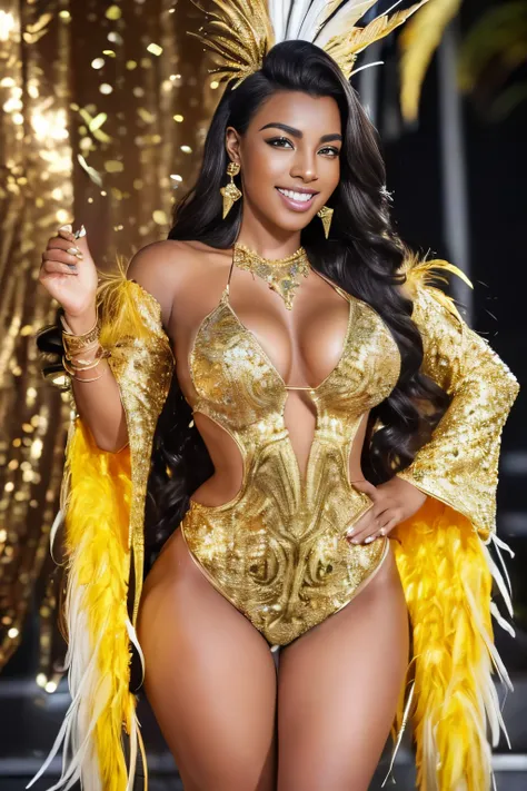 (The ultimate beautiful dark skinned woman、Plump figure) Age 25, Detailed facial features, Lip details, Big eyes with double eyelids (1.4), Full of smiles, smile、(((Stiletto heels、Very tall、The whole body is visible、A large hair ornament with many bird fea...