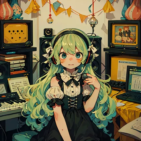 Seiyuu, (Hatsune Miku, Light green hair, Very long hair, Double tail, Water color nails, Aqua green tie:1.2), Shoulder tattoo, (Grant Wood, american Gothic:1.2), 1 Girl, Solitary, (portrait), Smile, Shut up, (Aqua eyes, looking at objects, Look away), Lips...