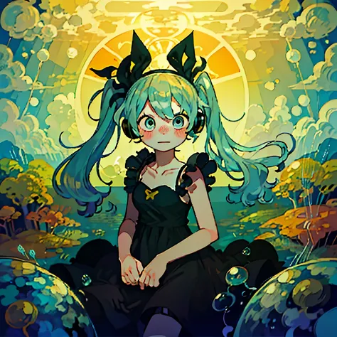 seiyuu, (hatsune miku,  very long hair, double tail, water color nails, aqua green tie:1.2), shoulder tattoo, (grant wood, ameri...