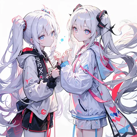 Two girls,
the first one has red eyes and beige hair in twin tails,
the second one has blue eyes and white hair in side tails,
they are both wearing sporty hoodies and shorts in monochrome, colorful on white background, glowing, stars, light, ephemeral,, m...