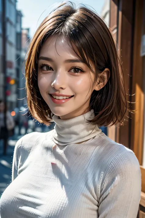 8K, RAW Photos, Highest quality, masterpiece, Realistic, Realistic, (1. Ultimate beauty), middle aged, Highly detailed face, Fine grain, Double eyelash, eyelash, Grin, Beautiful Teeth, Lip details, Brunette Bob, Big Breasts, (Long turtleneck sweater), Port...