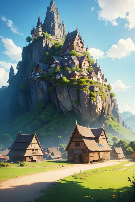 Masterpiece, Best Quality, (Highly detailed CG Unity 8k wallpaper) (Best Quality), (best illustration), cheered up, village, flores, blue sky, --v6