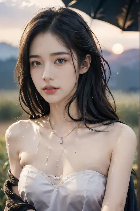 (((best quality))),(((ultra detailed))),(((masterpiece))),illustration,((1 beautiful girl,solo)),((slim,thin,flat chest)),(shoulder length straight bob hair:1.2),flowing hair,fair skin,(shiny skin:1.3),detailed eyes,laughing,(strapless bra:1.3),delicate ne...