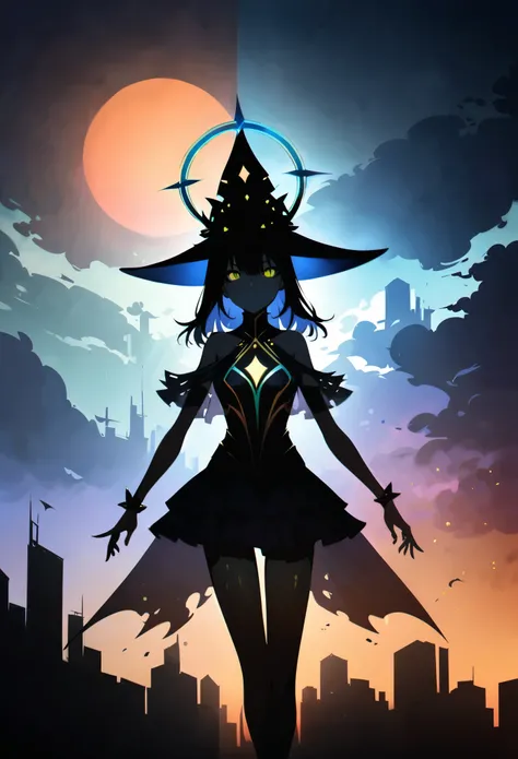 (Double Exposure:1.5)，in style of Thierry Mugler，The magical witch from the nebula fantasy,Witch costumes and the hazy city，Halo，Japanese anime style，(Dark atmosphere:1.2)，(Extreme shadows:1.2)，(Witch in the shadows:1.2)，