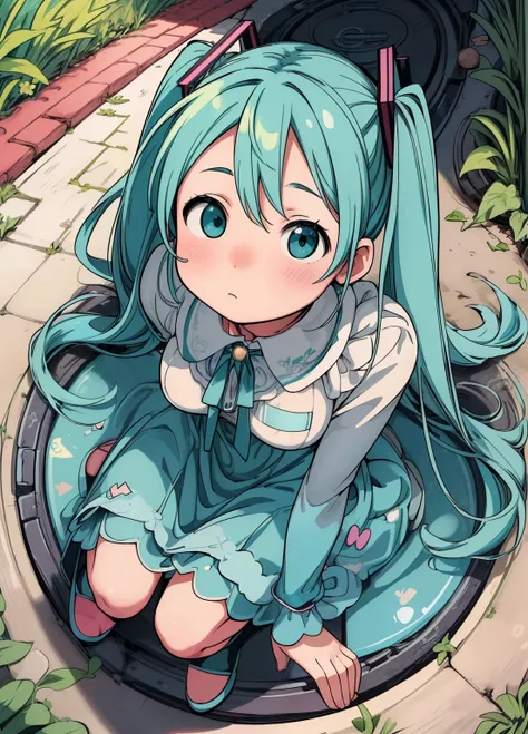 (masterpiece、Highest quality、Highest quality、Official Art、Beautiful and beautiful:1.2)、(One girl:1.3)Hatsune Miku、Twin tails,Beautiful breasts,Manhole Art、Illustration on a manhole cover、Fantasy、wonderful、Rounded edges、colorful、Attention to detail