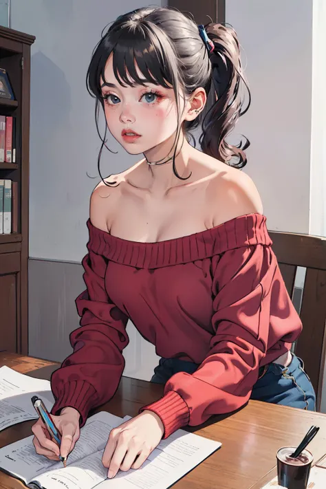 ((best quality)), ((masterpiece)), (detailed), 1girl, off-shoulder sweater,