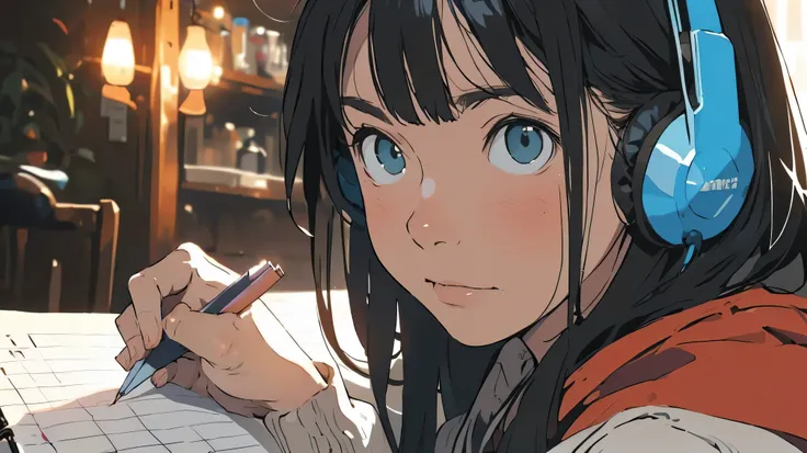 night、((机に向かってbarely)),（Headphones）,((barely)),（Serious profile）,((Write in a notebook)),indoor, Very detailedな, (((Very detailed eyes and face))), profile, masterpiece, Highest quality, Realistic portraits, hoodie, Very detailed, Dynamic Angle, The most b...