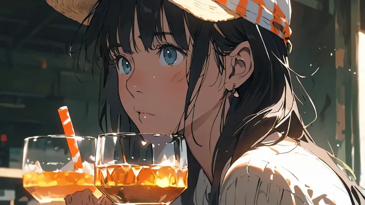 noon、((机に向かってbarely)),（hat）,((barely)),（Serious profile）,((Have a drink)),indoor, Very detailedな, (((Very detailed eyes and face))), profile, masterpiece, Highest quality, Realistic portraits, hoodie, Very detailed, Dynamic Angle, The most beautiful form o...