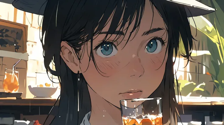noon、((机に向かってbarely)),（hat）,((barely)),（Serious profile）,((Have a drink)),indoor, Very detailedな, (((Very detailed eyes and face))), profile, masterpiece, Highest quality, Realistic portraits, hoodie, Very detailed, Dynamic Angle, The most beautiful form o...